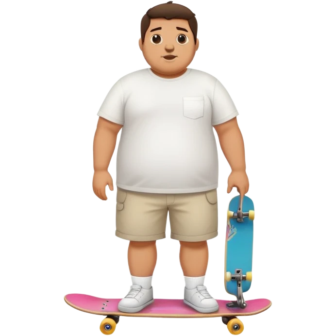 Full body chubby Mexican man with a skateboard from the city in shorts and a white tshirt emoji