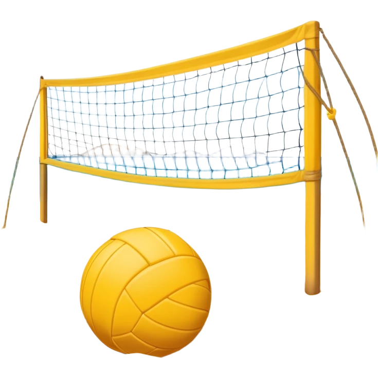 The scene captures the relaxed yet competitive vibe of beach volleyball, with warm sunlight and the natural beauty of the beach. A volleyball resting on the yellow sand on a beach, with the net in the background and a scenic view of the ocean and sky.  emoji