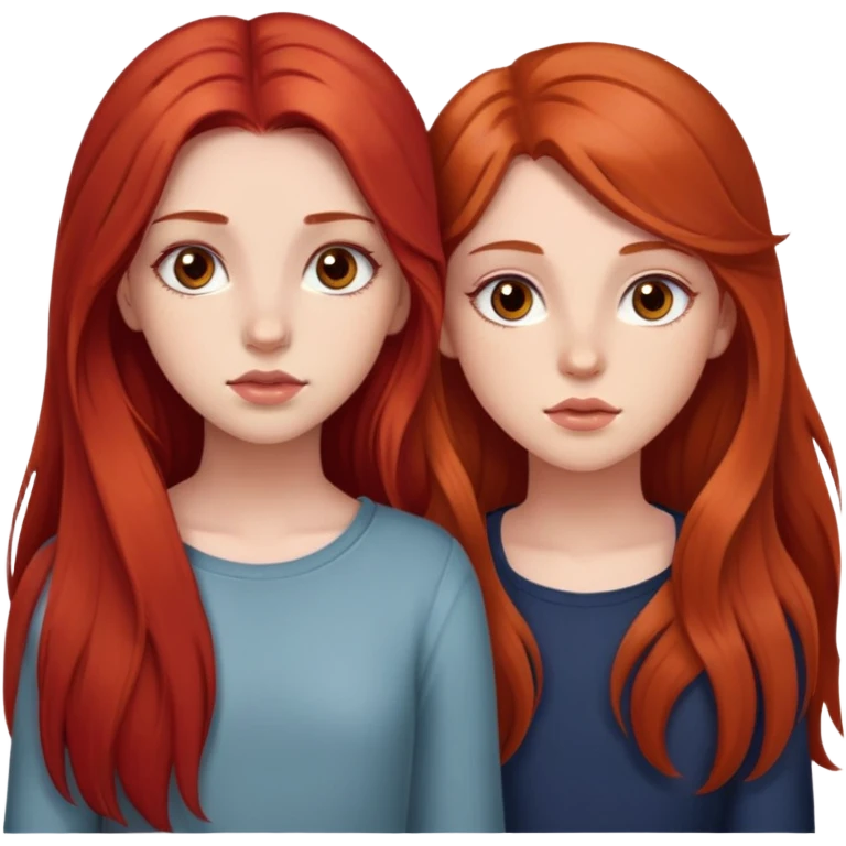 two girls, they are 18 years old. The first girl has long red hair, no bangs, and rough eyes. The second girl has long brown hair and brown eyes, large eyelashes, plump lips emoji