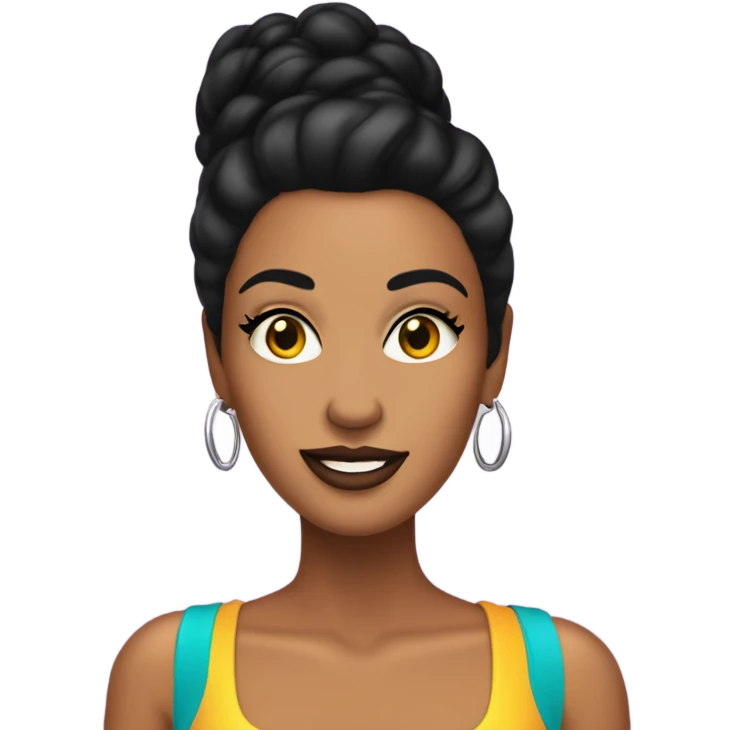 Tanned woman with black hair dressed in 1990s r&b hair, makeup, and neon attire  emoji