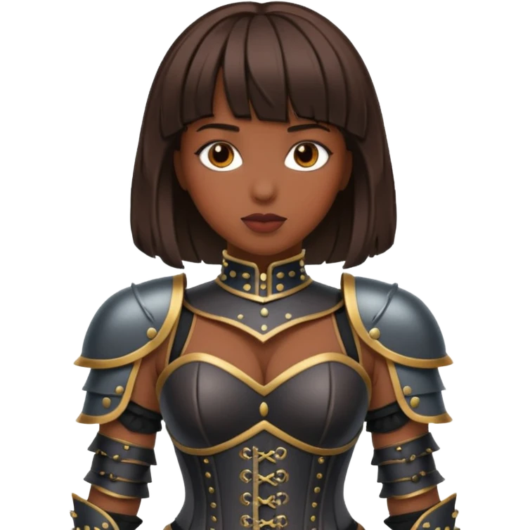dark skinned with bangs brunette woman with corset armour emoji
