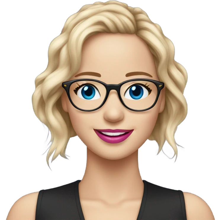 Happy Jennifer Lawrence,  blue eyes wearing glasses and pink lipstick  emoji