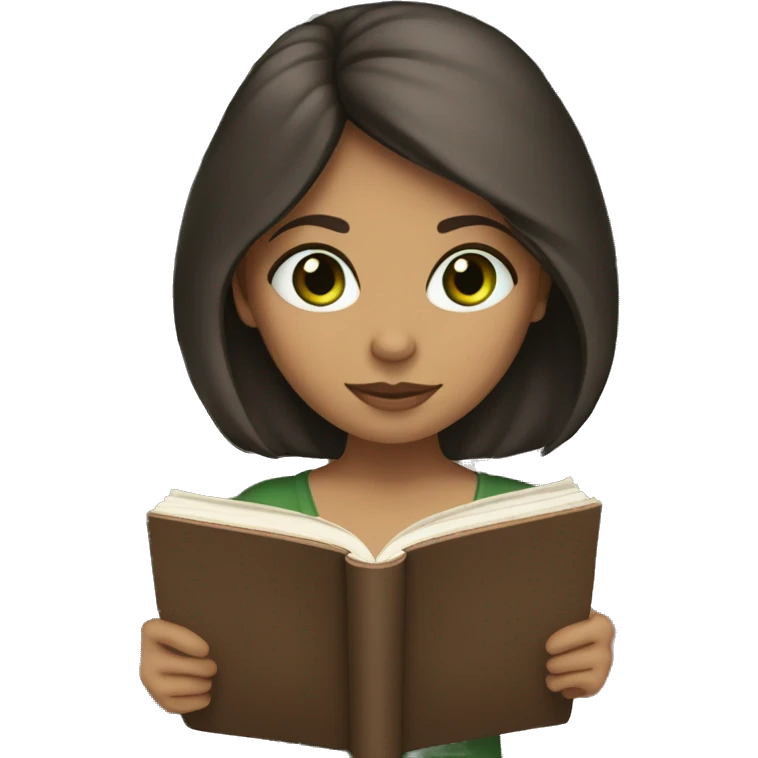 brunette straight chin length haired girl with beige skin tone and dark green eyes reading a book  emoji
