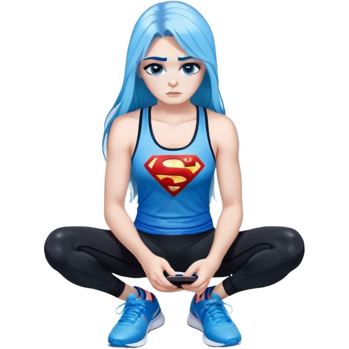 Shameful disappointed crying-very very very very big chest-texting on a samsung cell phone-very long straight flowing black to sky blue hair ombre-blue eyes-black eyeliner-long eyelashes-plastic sparkling sky blue very low cut tank top with sparkling superman logo-black leggings-nike sneakers emoji
