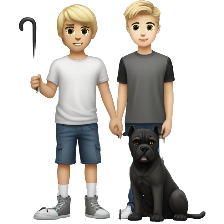 young white kid with justin beiber hairstyle standing alongside a black cane-corso emoji