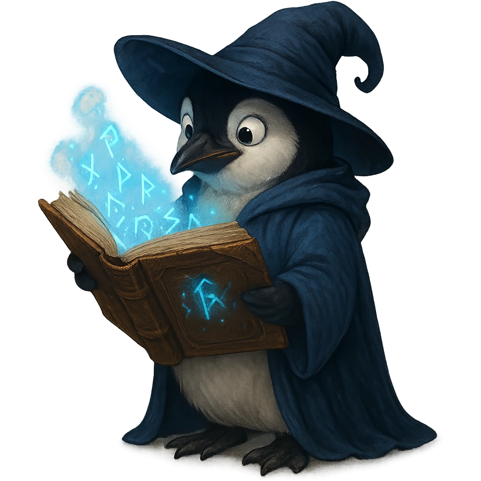penguin wizard holding an ancient book, glowing runes, enchanted look emoji