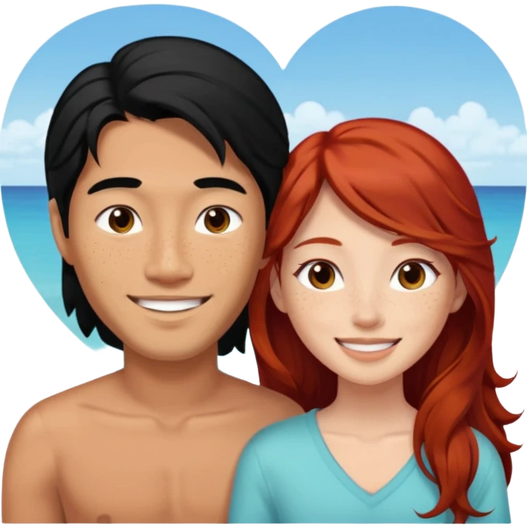 long black haired asian man in love with redhead girl in fiji emoji