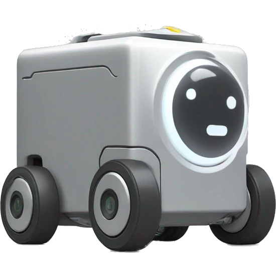 solid rectangle gray delivery robot with white circle white led eyes and opening lid on 4 wheels with food emoji