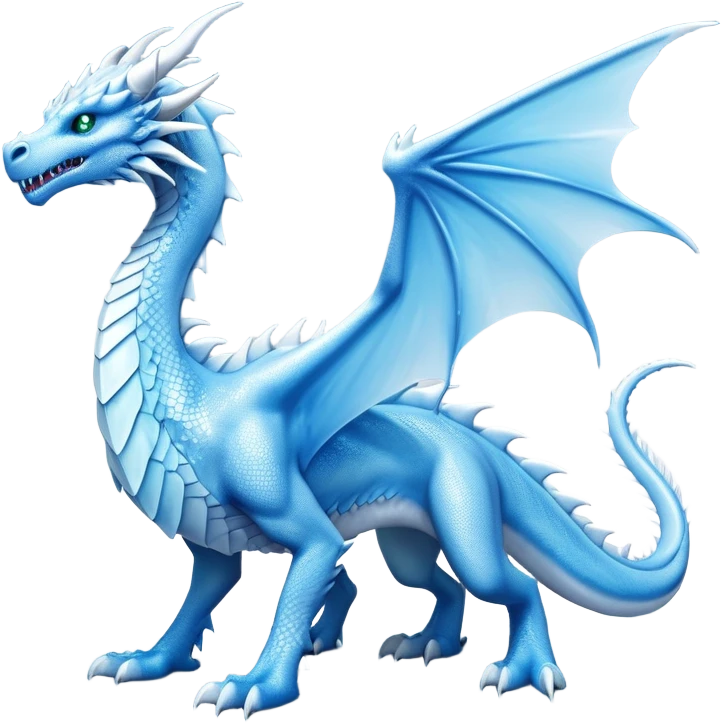 Cinematic Noble elegant Ice Dragon full body Emoji, Poised and imposing, distinct long elegant snout, with a slender, scaled body shimmering in glacial hues of icy blue, frostbitten silver, and crystalline white, breathing out frost, with piercing, glowing eyes that radiate the chilling depths of an arctic storm; rendered in detail. displaying its wings emoji