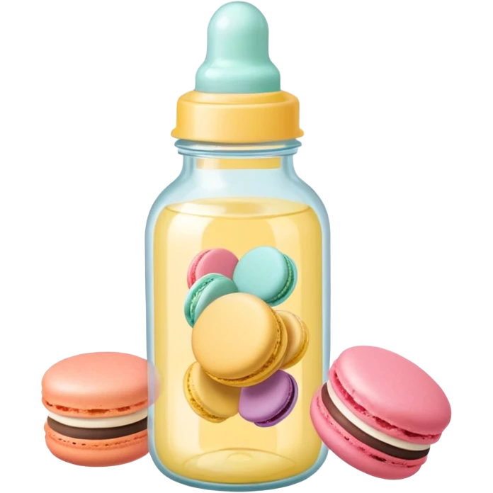A cute baby bottle with a light yellow nipple and cute stickers on the bottle body. Macaron color palette emoji