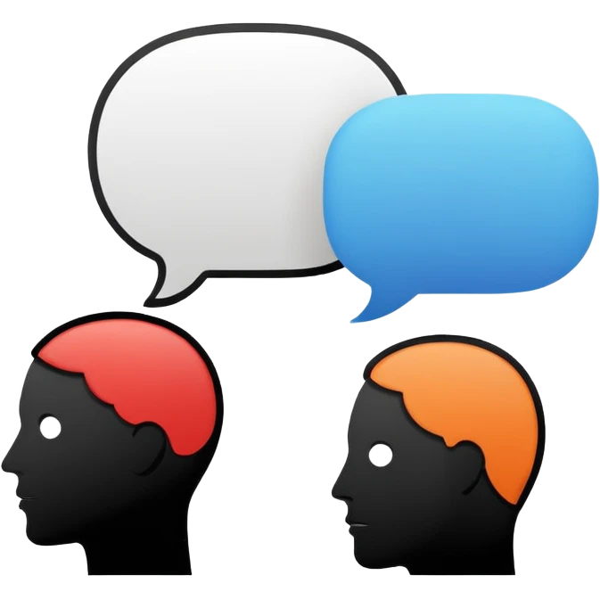 Minimalistic flat vector icon, iOS style, thin black contour on white background. Human head with speech bubble and small group of people silhouettes listening. Clean, no text, no shadows emoji