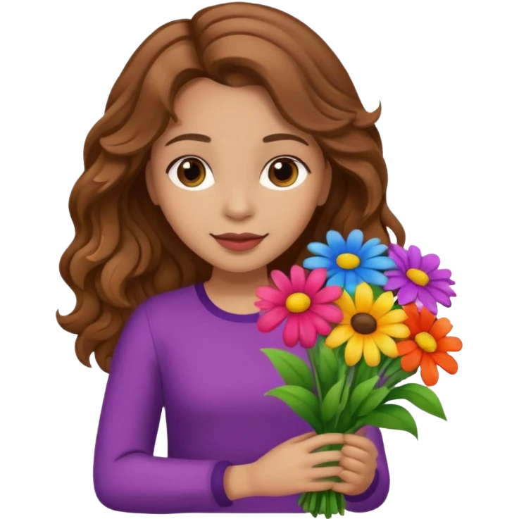 Niña con un ramo de flores que sea castaña con cabello ondulado  emoji