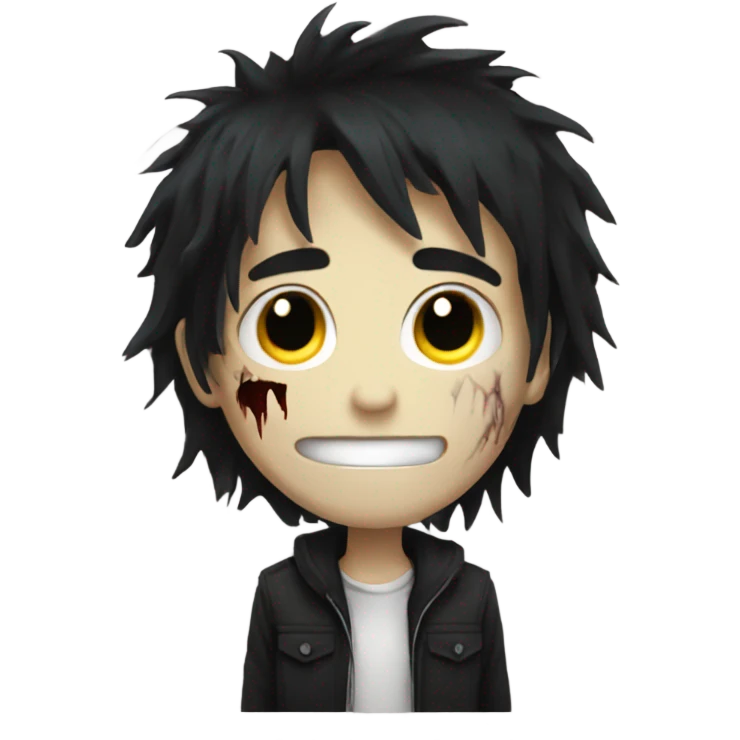 Boy, black hair, medium long, emo, shaggy, blonde highlights, zombie emoji, pale skin, creepy emoji