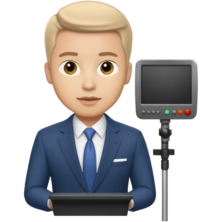 a male news anchor sits, with a screen with a prompter in front of him emoji