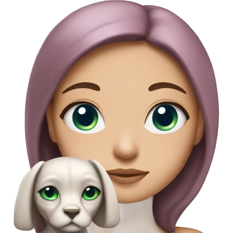 A brunette girl with blue eyes cuddles a pink sphinx with green eyes emoji