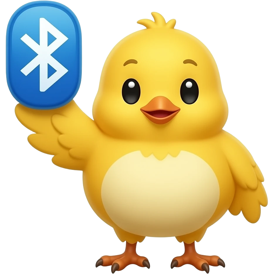 lovable small yellow bird holding up a bluetooth symbol to the camera. the image must be a transparent .png emoji