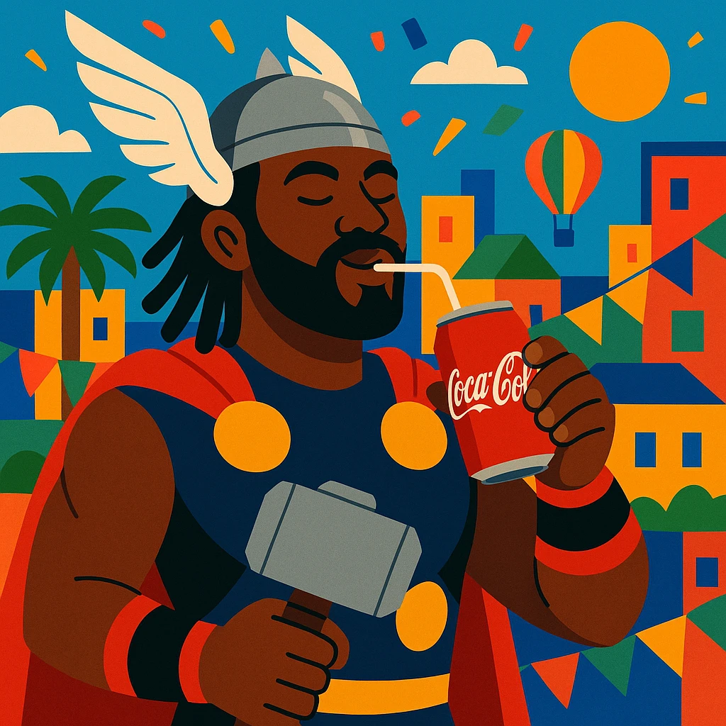African Thor, dark-skinned, enjoying Coca Cola, modern African city backdrop, vibrant, colorful, festive atmosphere emoji