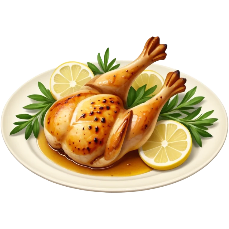 Draw a grilled chicken leg on a plate with herbs & lemon slices. emoji