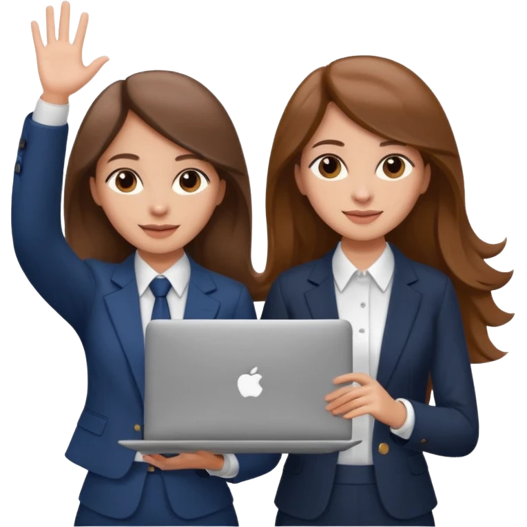 

two brown haired girls, looking professional maybe leaned on each others back and looking forward and waving with long hair and one girl can hold lap top another one can hold the phone, professional clothes, more stylish

 emoji