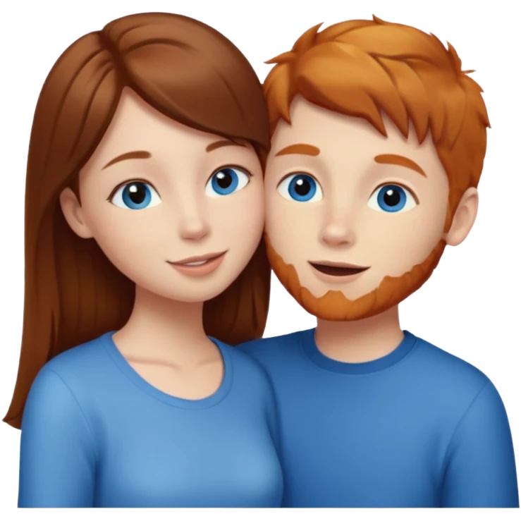 Girl with straight brown hair kissing ginger boy. Both have blue eyes  emoji