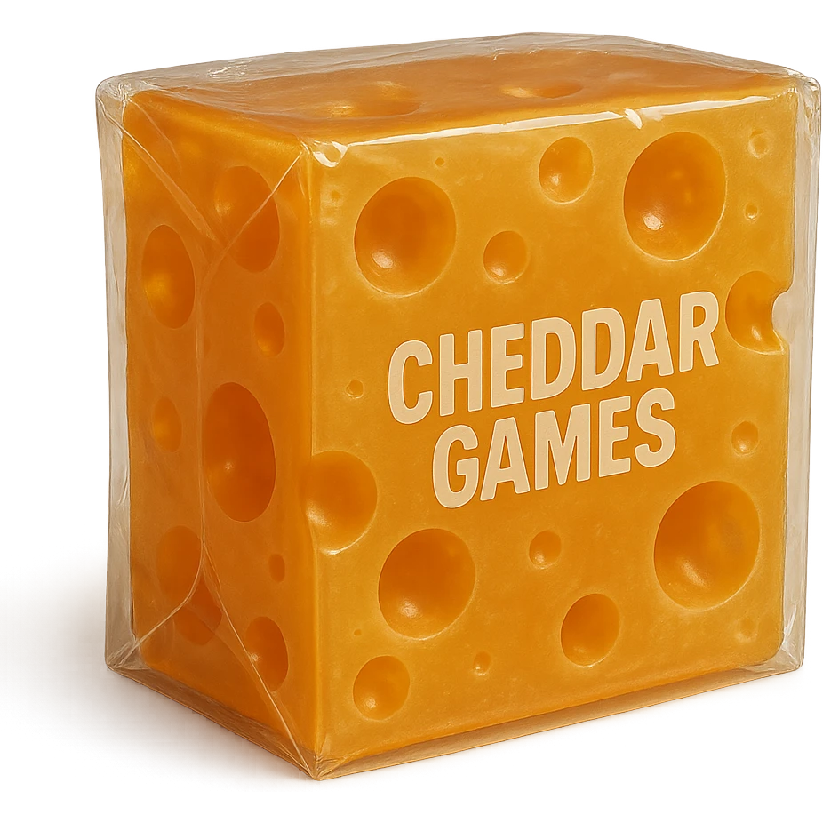 A high quality, hyper-realistic, transparent orange cheddar block with Swiss holes, soft and slightly cloudy plastic texture, soft reflections, retro 90's toy style, sealed in plastic with 'Cheddar Games' written on it, no background, looks like a gummy, extremely detailed and appealing. emoji