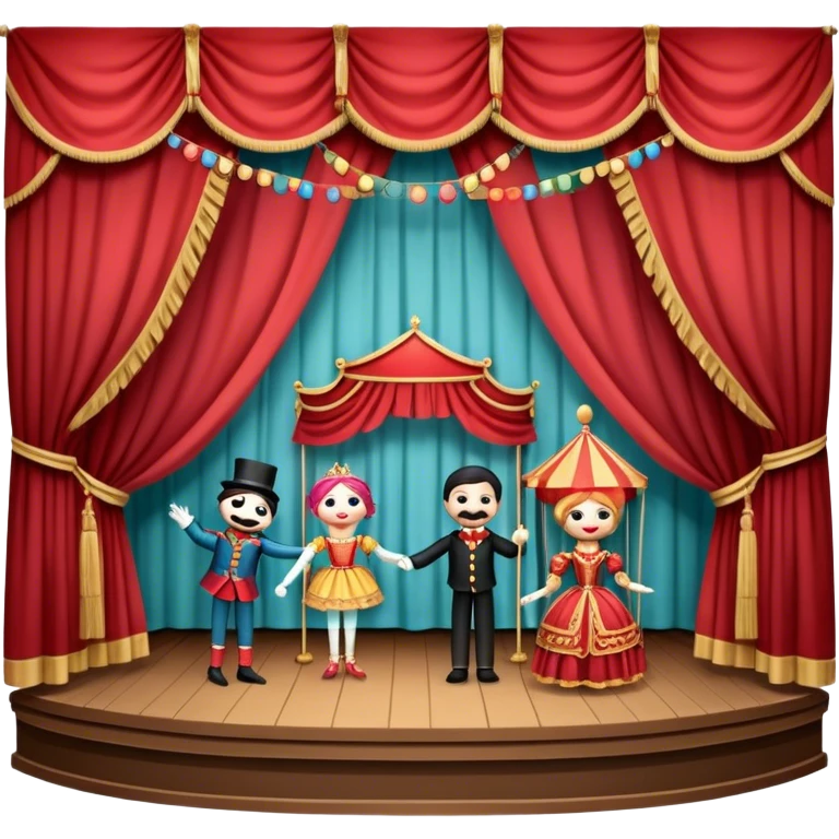 Icon for Puppet Theater: a puppet stage with curtains and marionettes performing on stage. The icon should represent the charm and artistry of puppet theater, with focus on the puppet and the stage setting. Transparent background. emoji