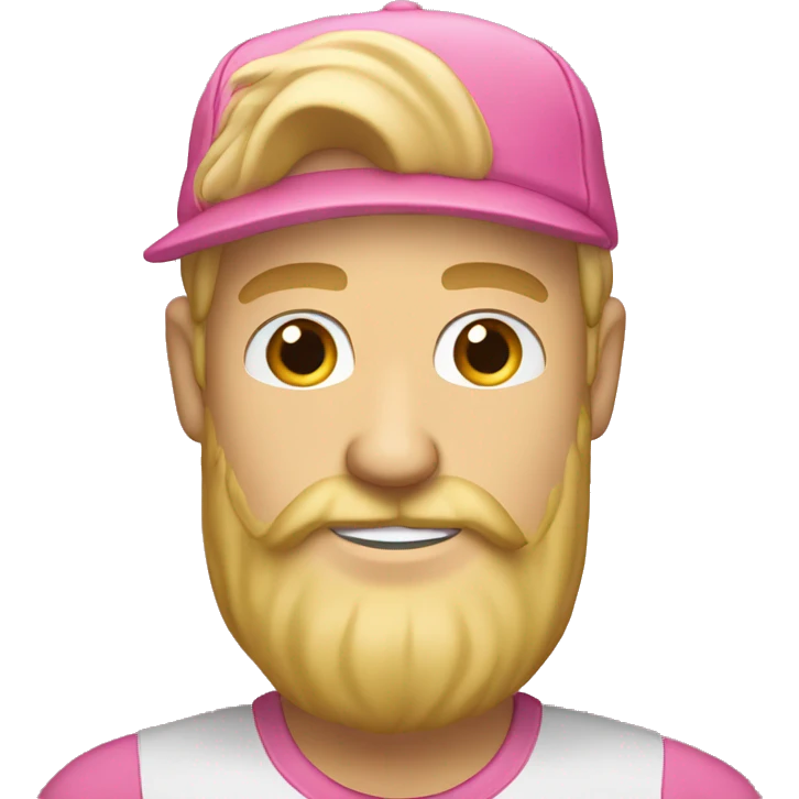 Man with blond hair and beard, pink hat and pink tshirt smiling emoji