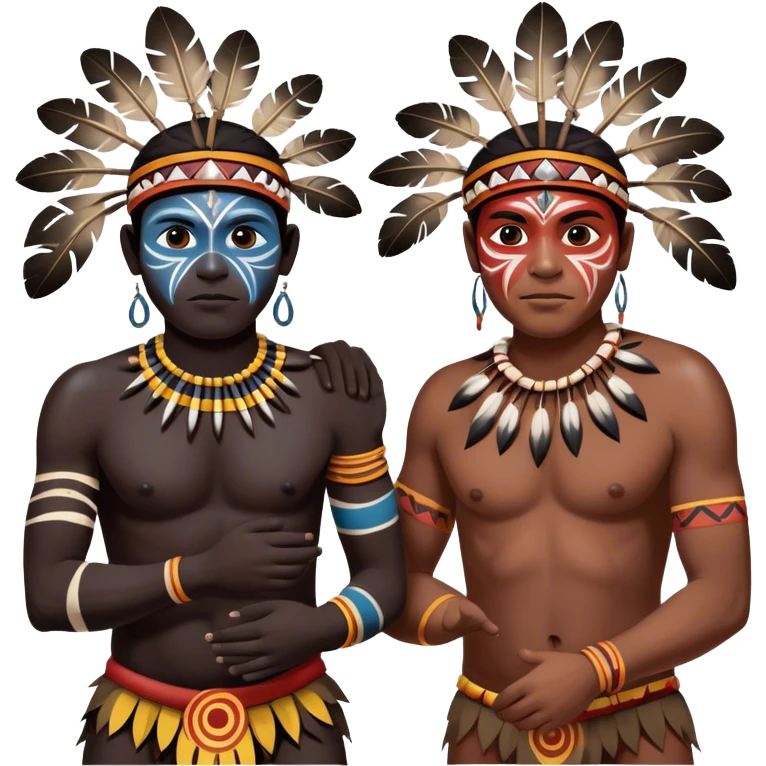 Cinematic Realistic scene of two indigenous male aboriginals performing an Aboriginal Corroboree, adorned in traditional body paint, A corroboree is an Australian Aboriginal ceremonial meeting. It usually includes celebration of Aboriginal mythology and spirituality, which is based in the Dreaming emoji