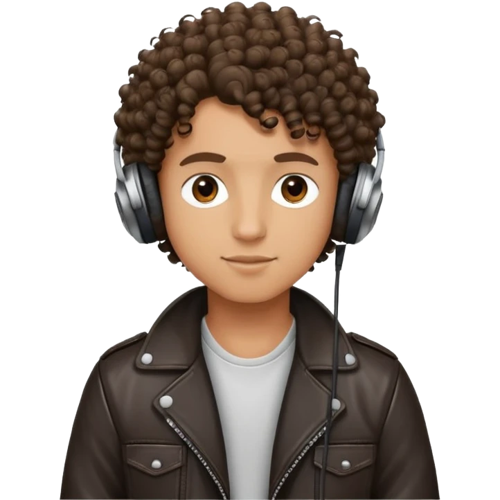 curly haired boy wearing a leather jacket and headphones music producer emoji