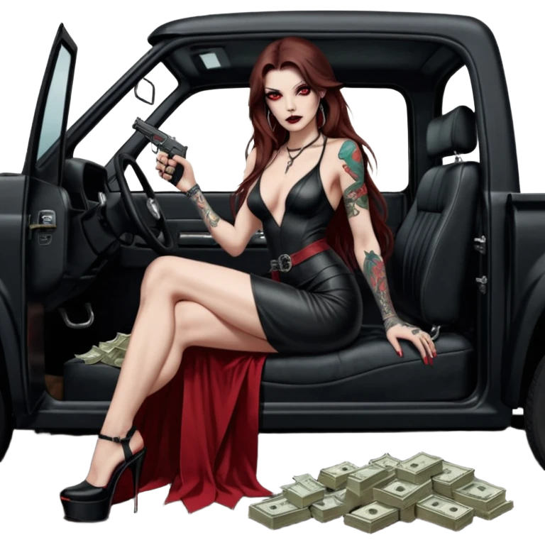 Lilith symbol red eye seductress evil long brown haired sexy succubus woman with leather long dress with slit, sitting in Big Large F350 pickup truck. Black Platform high heels on feet. Tattoo sleeve arms, seat full of stacks of cash, and a man dead human skull of her enemies and a gun in other hand emoji