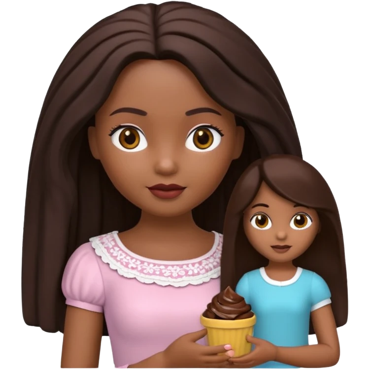 Boneca digital em estilo 3D realista e fofo, semelhante a uma boneca colecionável. Mulher jovem com pele negra, olhos castanhos escuros, cabelo liso cor chocolate, longo e bem alinhado.  emoji