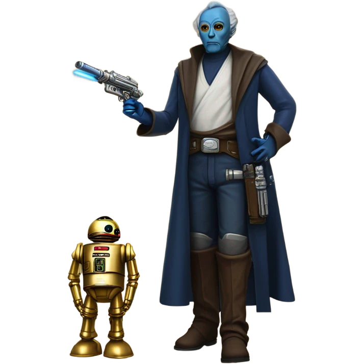 bounty hunter tarnished undercover tough well-equipped Jedi  life-sized darkblue-pearl C3po leather vest clothing pants and vest old west duster coat holding light saber sheriff holstered gu emoji