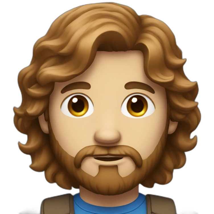 man with brown long hair, a beard and blue eyes holding an iphone emoji