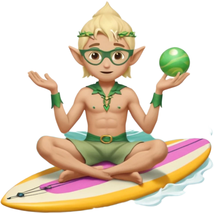 elf male legolas sitting on surfboard (ashore), hands manipulating two orbs of swirling seawater giving a "massage" to his own shoulders, wearing relaxed linen shorts over swimwear, tinted elven sunglasses, pointy ears, content expression, centered emoji emoji