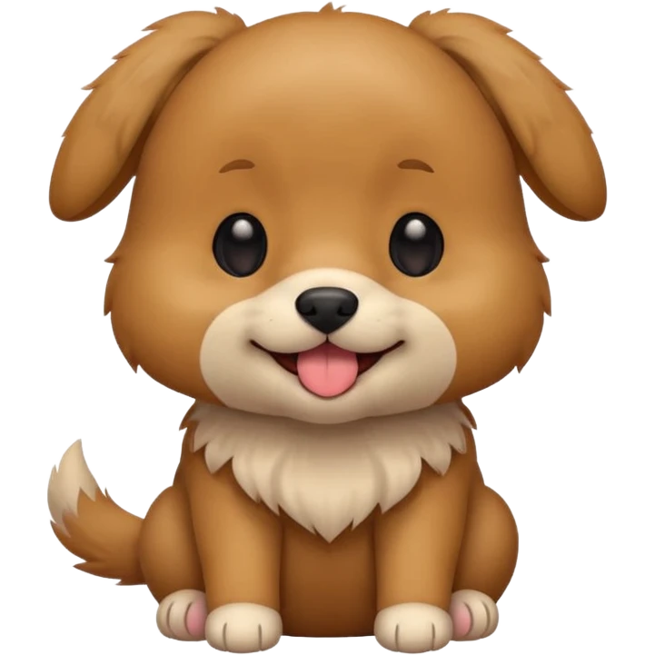 Cute small brown fluffy dog emoji icon. Round face, short muzzle, light brown fur with slightly darker ears, small black nose, happy smiling expression with tongue out. Soft friendly eyes, sitting pose with front paws together. Simple clean vector style, minimal details, kawaii style. emoji