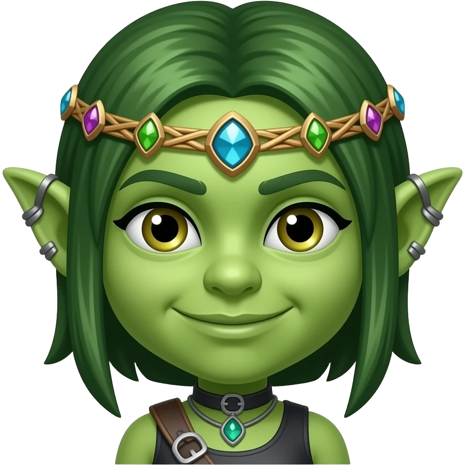 Green skin Goblin fighter girl with shiny trinkets emoji head emoji