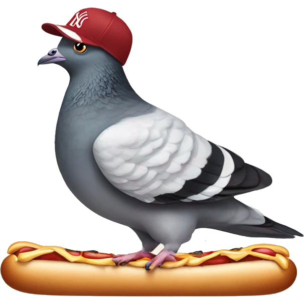 pigeon wearing New York yankee hat while standing on top of a hotdog emoji