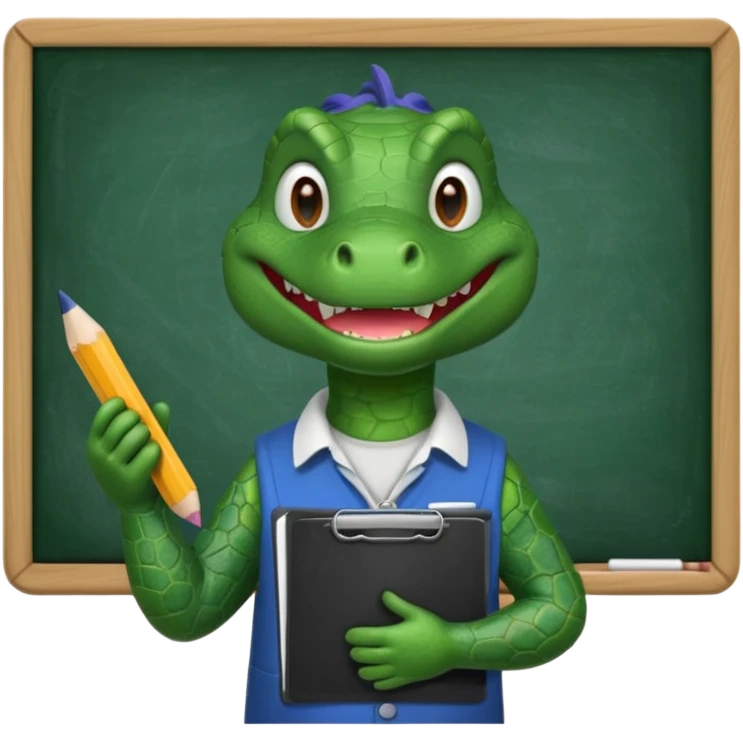 A 1960s style image of a gator with a clipboard and a pencil in front of a chalkboard emoji