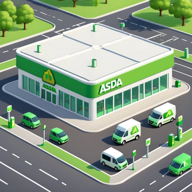 Isometric ASDA store with green logo, petrol station, large parking area, and delivery vans emoji