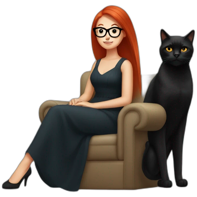 woman with long straight red hair and black-rimmed glasses, in a dress, sitting in an armchair, with a black cat on her lap emoji