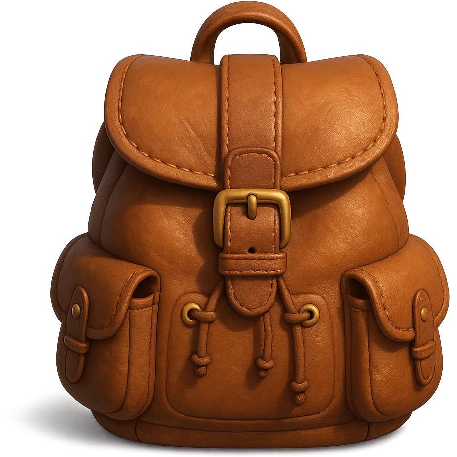 Draw a Pixar-style leather backpack. The backpack should be visible from the front and top. emoji