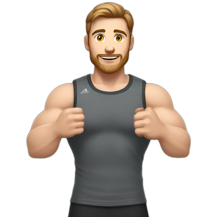 Close up Actively gesturing  with hands Pale skinned Fit Man With the biceps and brown hair in dark gray Sleeveless Mike, black oversize sports shorts, watch and white Sneakers emoji