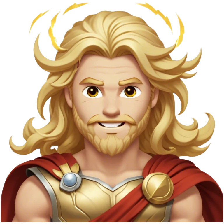 Cinematic Realistic Thor Portrait, head tilted dramatically with an exaggeratedly amused expression, featuring lively, twinkling eyes and a subtle, roguish grin. His fair, radiant skin and long, wavy golden hair, rendered with classical precision, complement his draped white toga adorned with delicate golden details and mythic lightning hints, all brought to life with dynamic lighting that captures both his divine power and playful, approachable charm. emoji