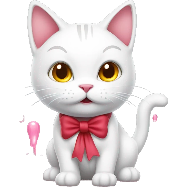 A white cartoon cat hello ki with a red bow on its left ear, looking disgusted, a stream of pink liquid from its mouth emoji