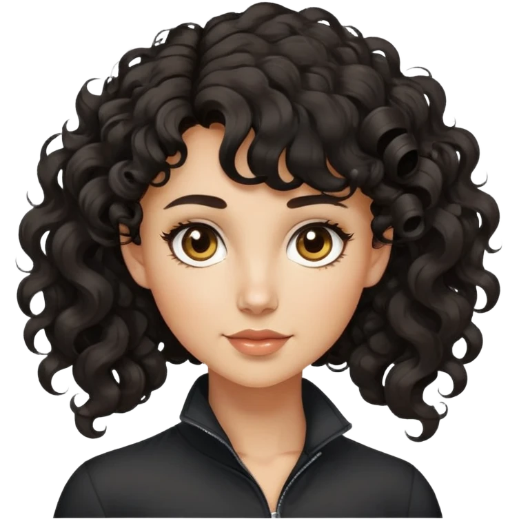 Chica de 40 años con pelo rizado y con coleta alta, pelo marrón-oscuro casi negro, y flequillo a un lado con unos rizos ondulados. Blanca de piel y ojos de color miel emoji