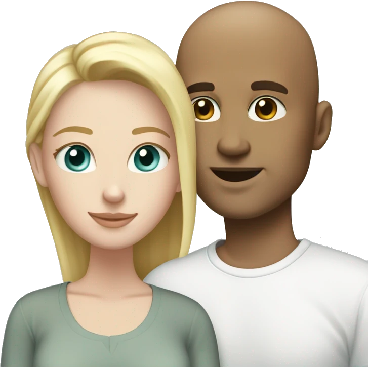 Loving white couple. White Male = bald, 35, light aqua eyes. Female = long blonde highlights, light aqua eyes emoji
