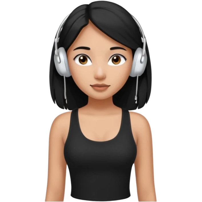 a fair indian girl with straight black long hair, wearing a black cami top. and wearing silver airpods max headphones on emoji