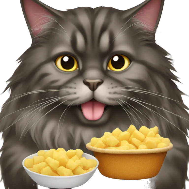 A fat dark Maine coon cat eating emoji