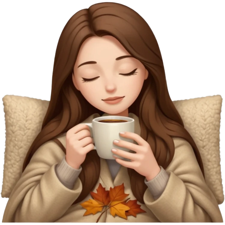long brown hair woman closed eyes hiding under a cozy wool beige blanket, holding cup of coffee, autumn mood emoji