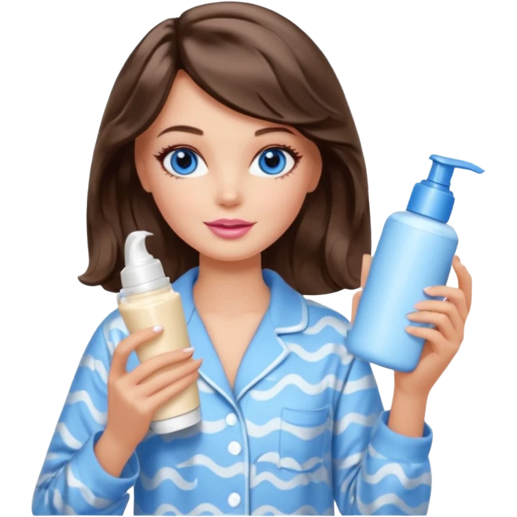 Barbie girl with makeup, blue eyes , and bob long haircut wavy, short brown hair in creamy color pajamas, face cream in hand emoji
